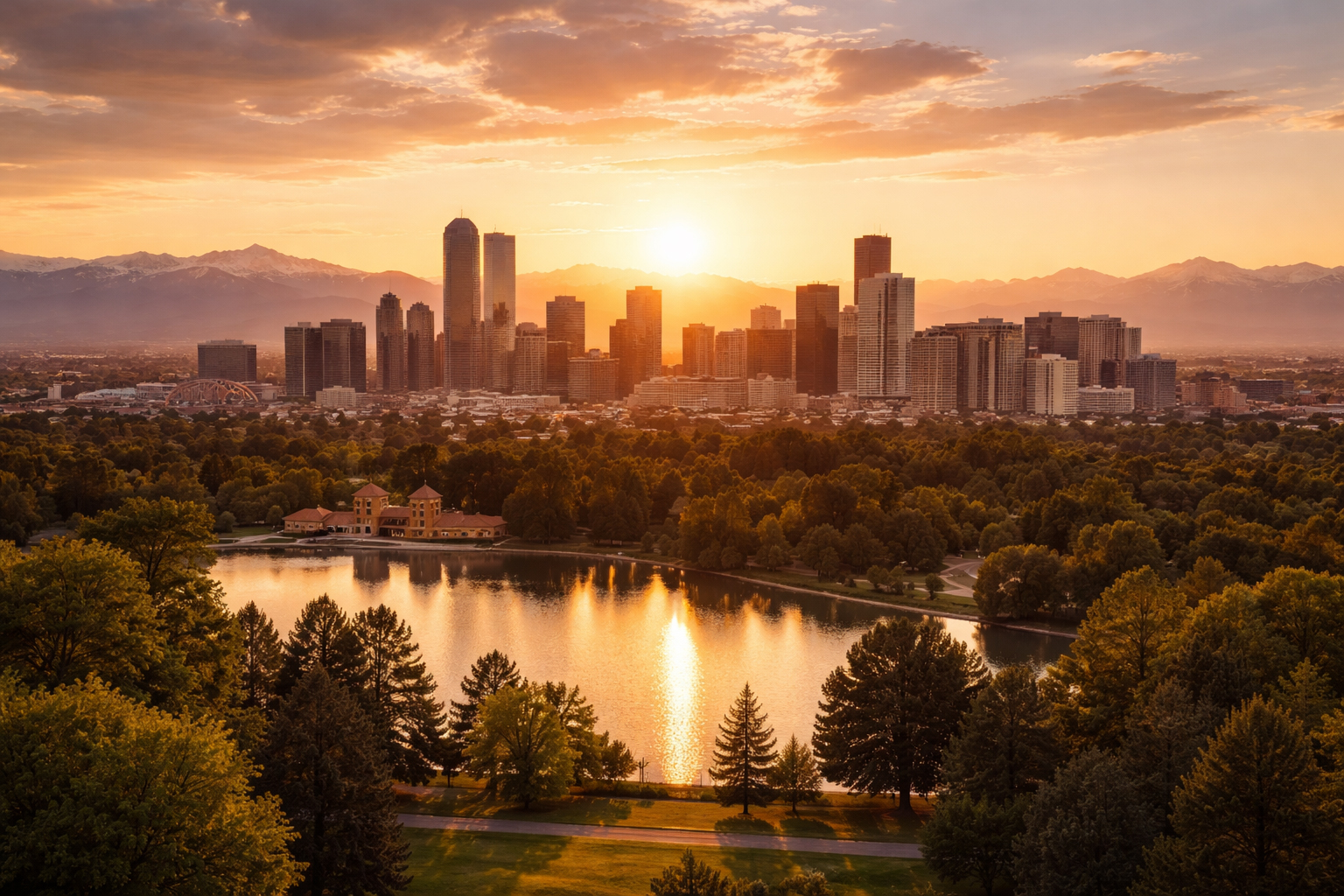 Denver skyline in golden light