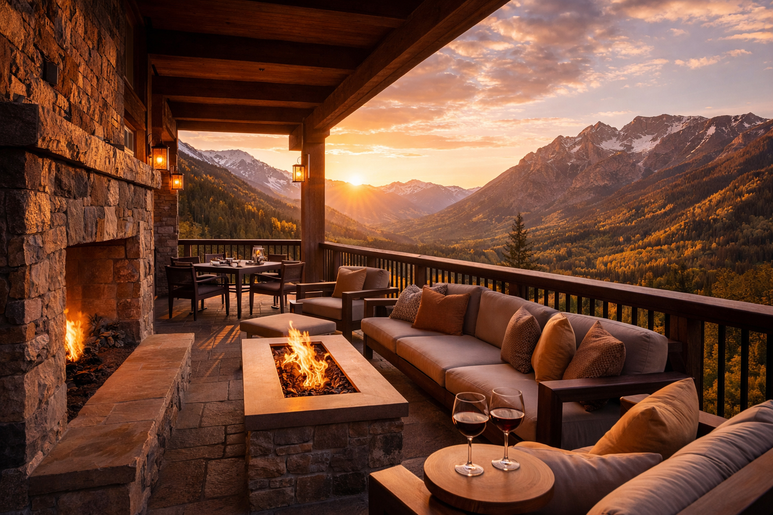 Luxury mountain lodge terrace in Colorado